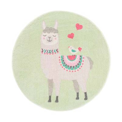 runder Lama Kinderteppich in grün